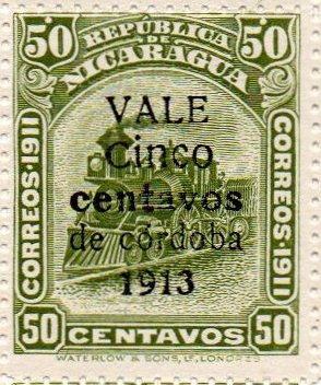 Nicaragua stamps 1913 surcharges Locomotive 5c/50c Thick 't' in 'centavos (position 22)